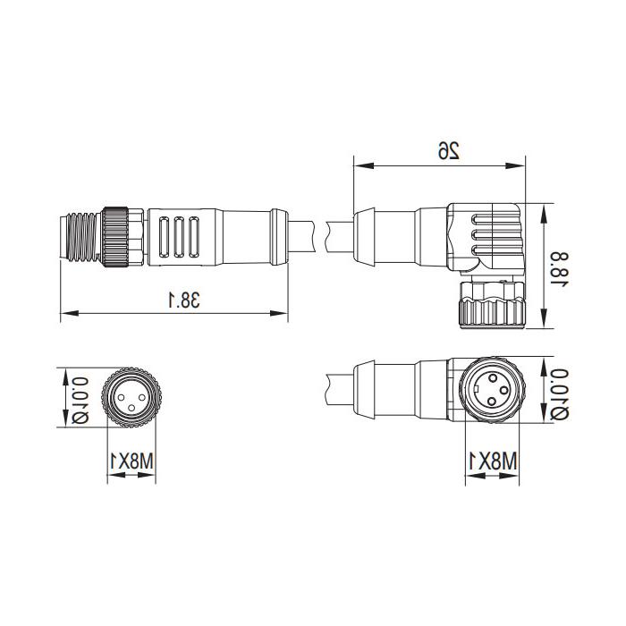 M8 3Pin, female 90° with LED light turn male straight, double end pre-cast PVC non-flexible cable, gray sheathing, 63D083-XXX 